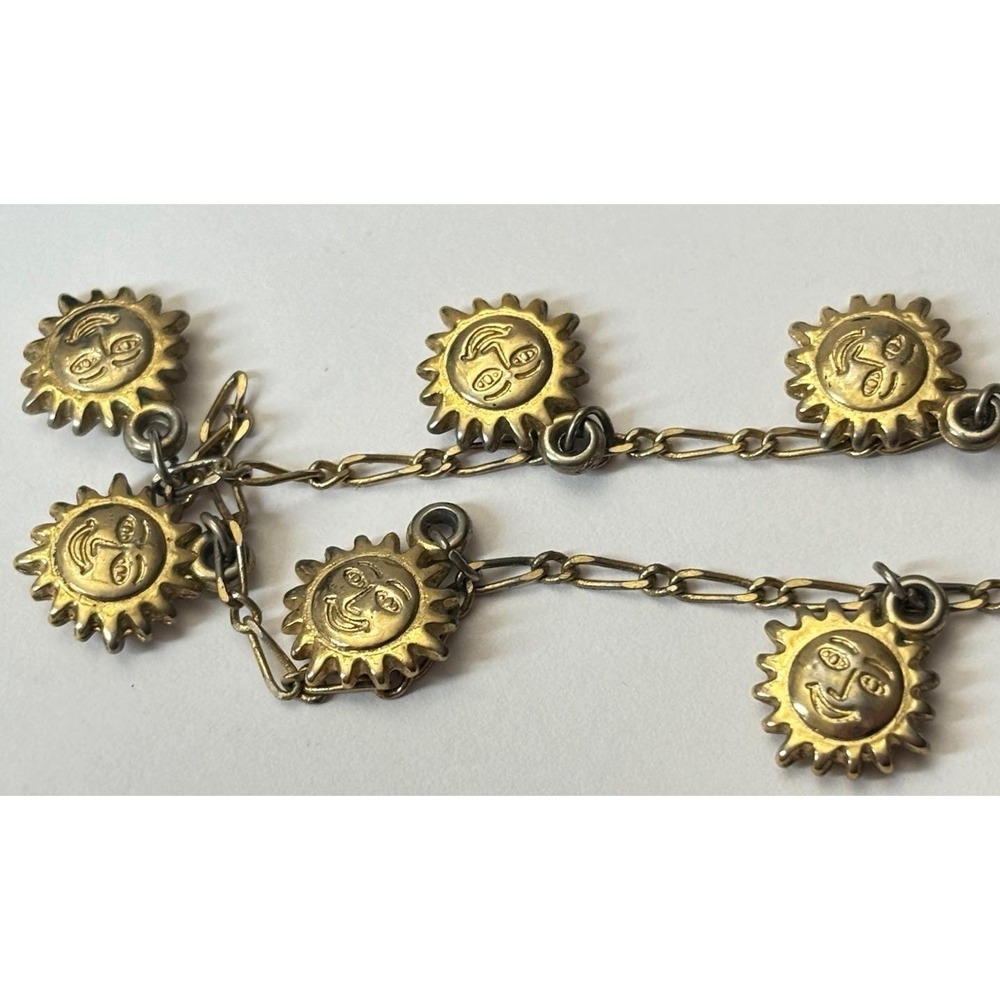 Vintage Celestial Gold Tone Sun Face Charm Anklet Figaro Chain 9.5"